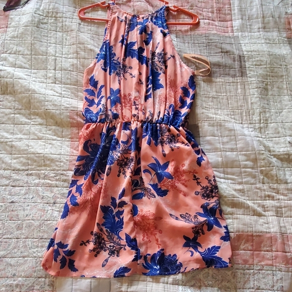 Peach/ Coral and blue floral halter dress. - Picture 2 of 4